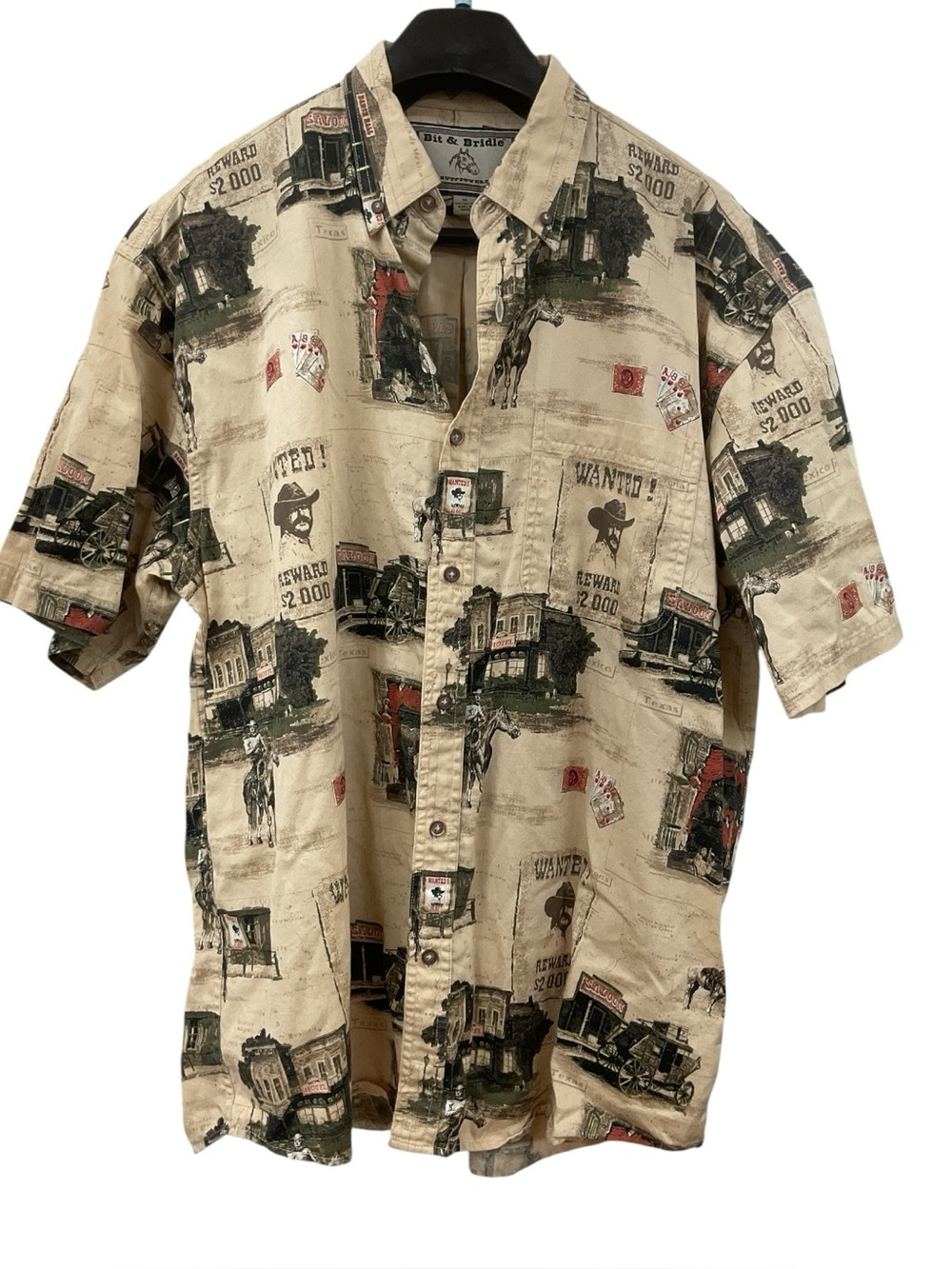 Men's Short-Sleeve Western Print Button-Up Shirt - Beige